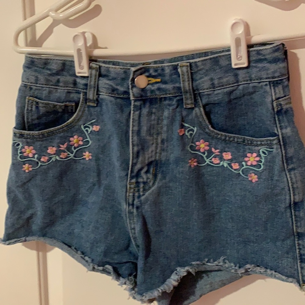 Denim Flower Print Shorts